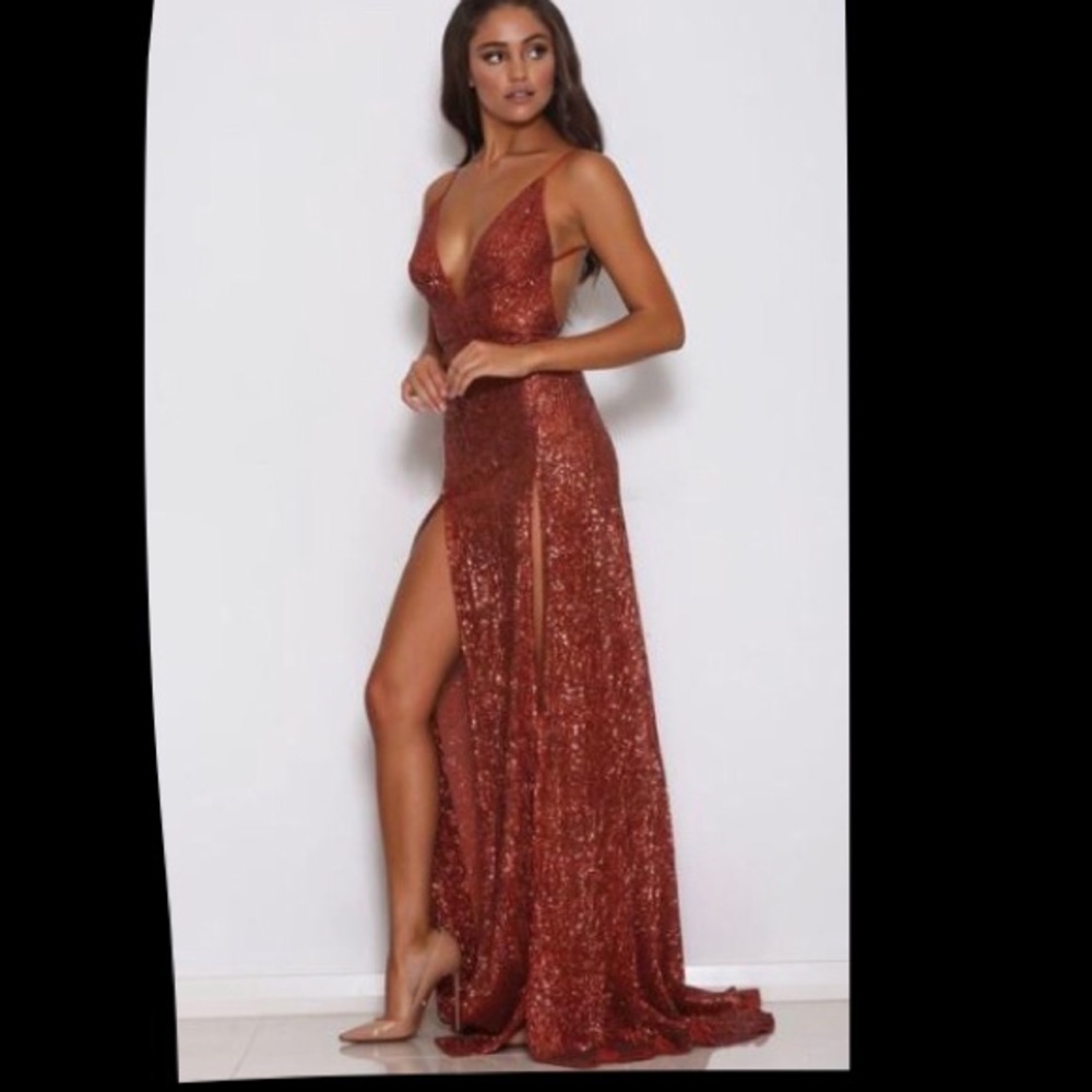 This is an elegant, rust colored, full length gown